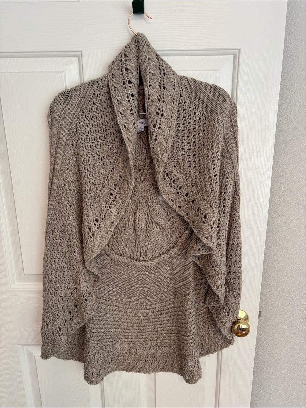 Indigo Taupe Open-Front Crochet Shawl Cardigan